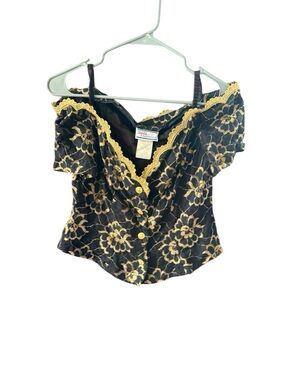 Avon vintage mid 90’s  Black Top with Gold Floral Lace Trim